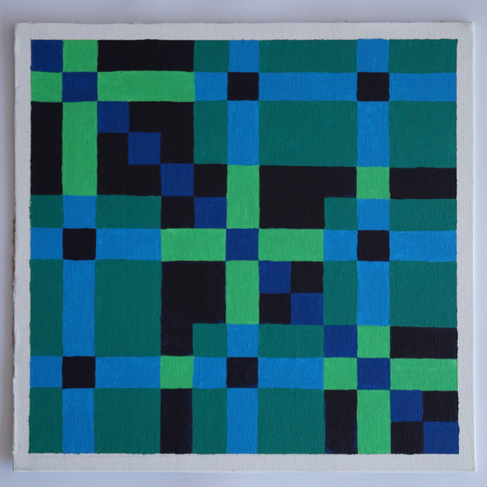 An illustration of a graph's distance matrix, drawn with acrylic paint. Each cell of the matrix has its own color, chosen depending on the cell's value.