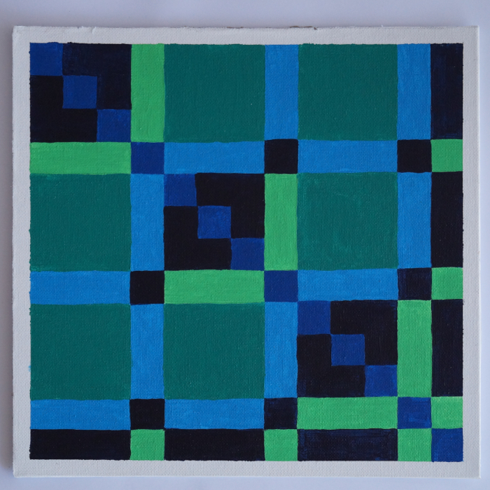 An illustration of a graph's distance matrix, drawn with acrylic paint. Each cell of the matrix has its own color, chosen depending on the cell's value.