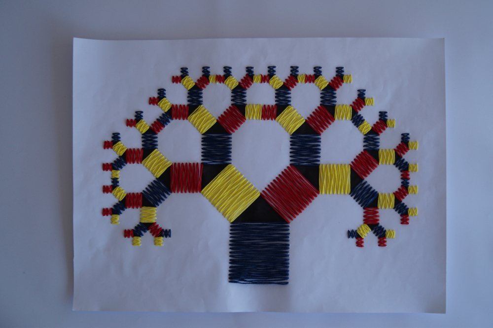 A piece of paper with a tree of Pythagoras. The squares are stitched with yellow, blue, or red thread respectively. The triangles are colored black.