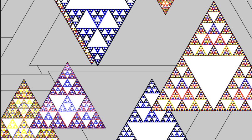 A set of several Sierpinski triangles, lying on top of each other and a background made from gray triangles.