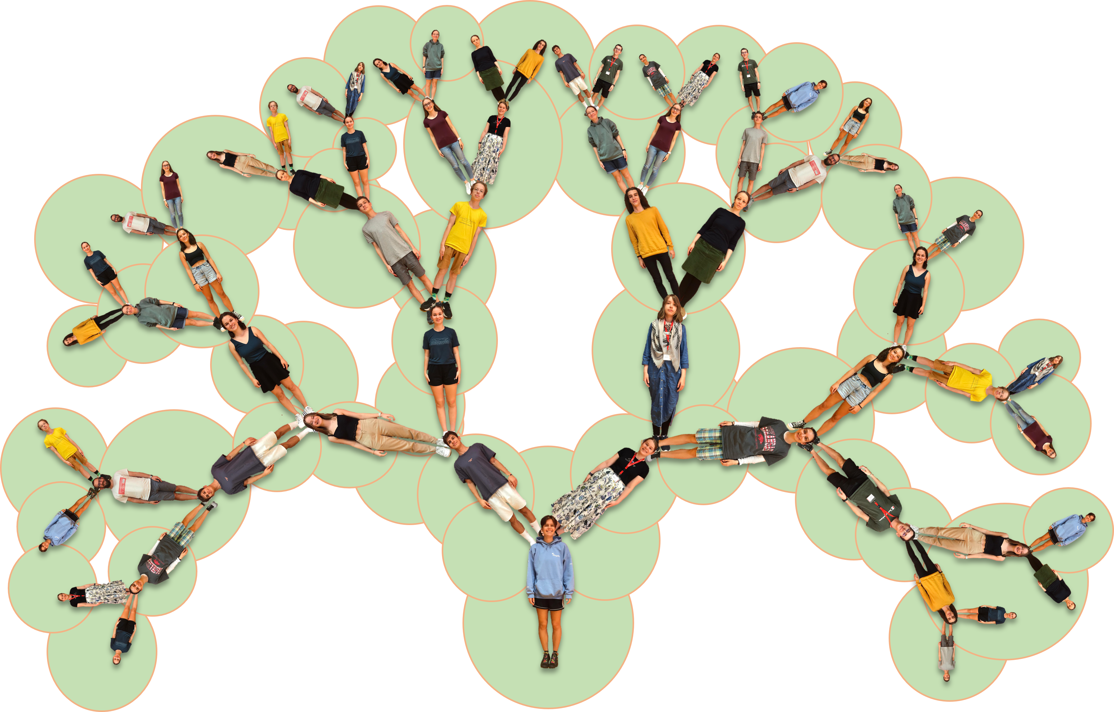 A binary tree whose edges are photos of various people. Around their heads is a green circle in the background, supporting the tree-nature of the artwork.