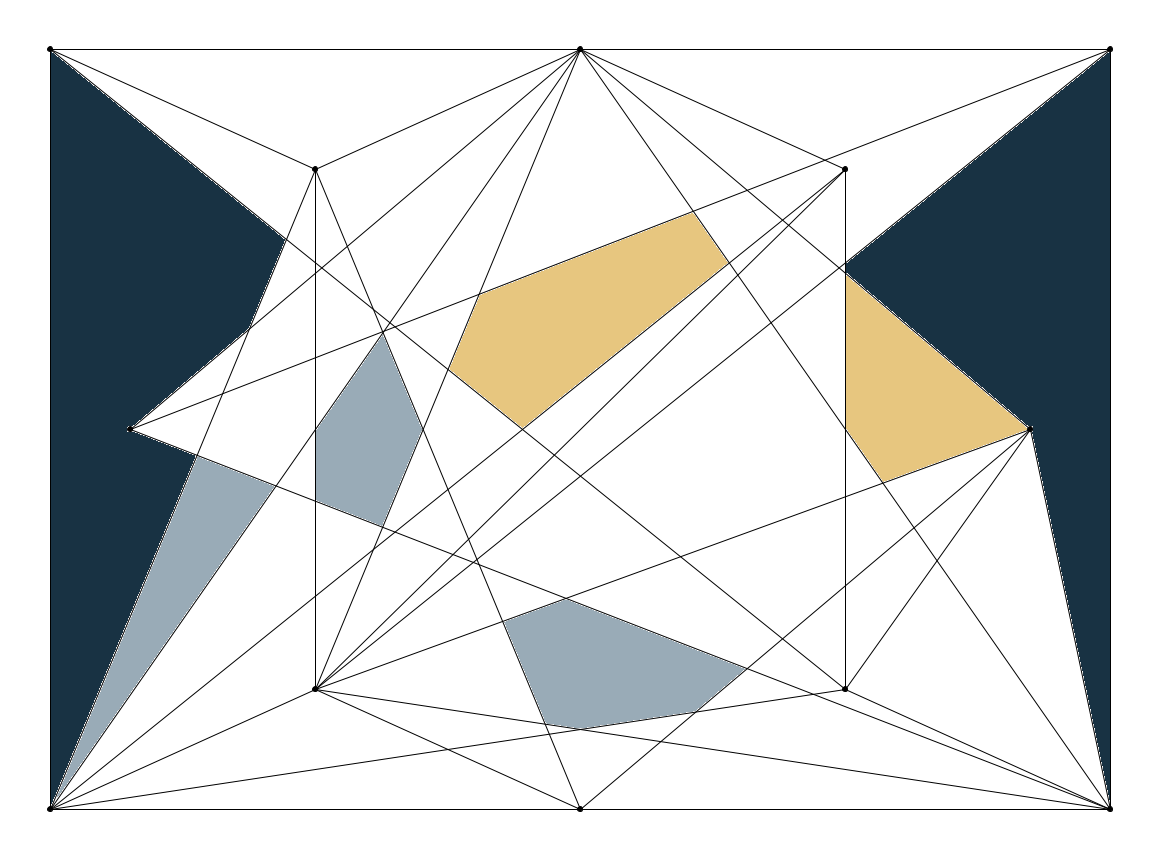 A rectangle with a total of up to twelve vertices that are randomly connected by edges. The resulting polygons are randomly colored.