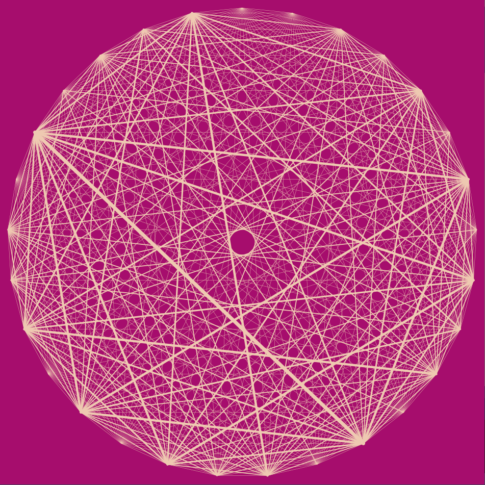 An almost complete graph of several vertices with bright, uniform colored edges on a bright colored background.