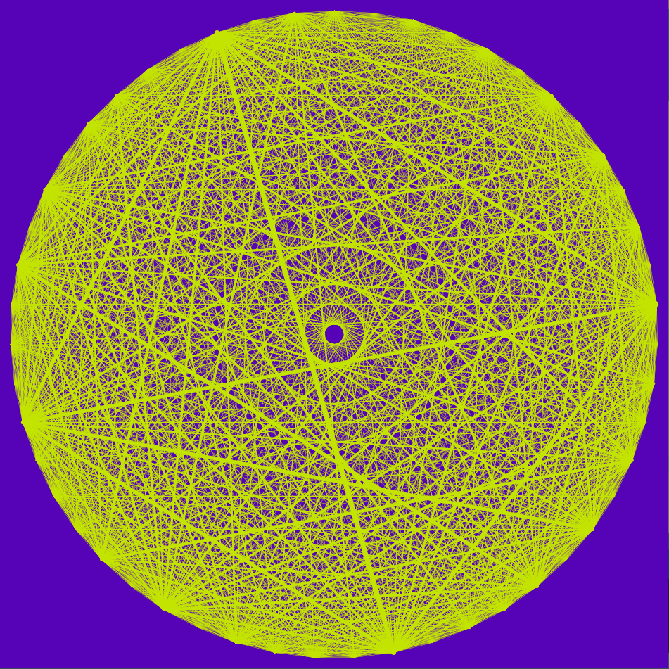 An almost complete graph of several vertices with bright, uniform colored edges on a bright colored background.