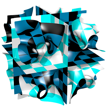 A three-dimensional Chladni sculpture with eight cube-shaped regions within each of which a flower-like structure is 'growing'.