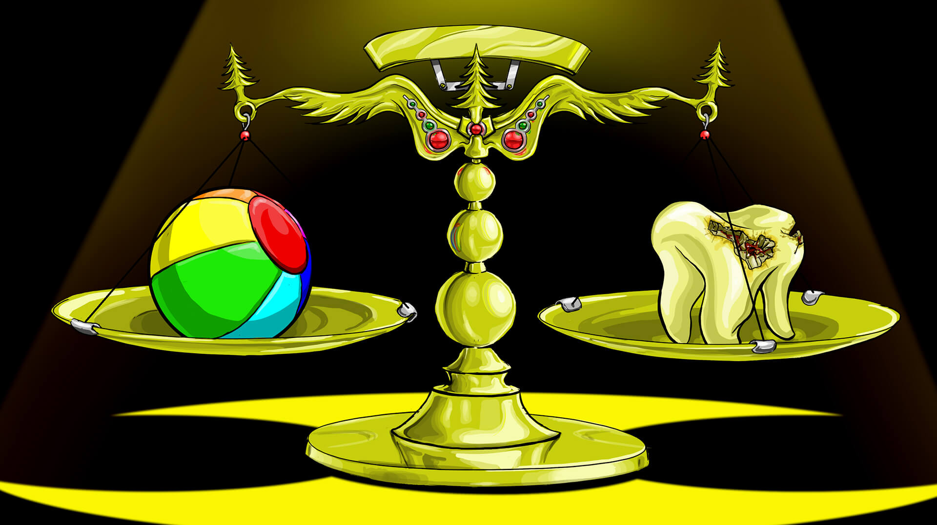 A scale weighing a colorful beach ball against a slightly rotting tooth.