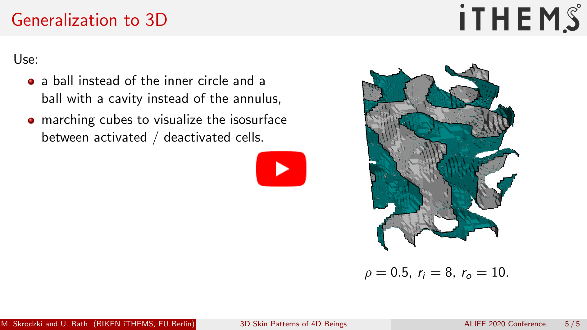 Screenshot from the linked YouTube video showing a three-dimensional Turing-like pattern.