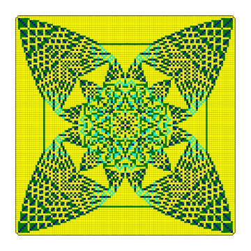 A square matrix of differently colored pixels. The pixels form rounded 'leaf'-like structures that are starting in the center of the square and bulge into the corners.